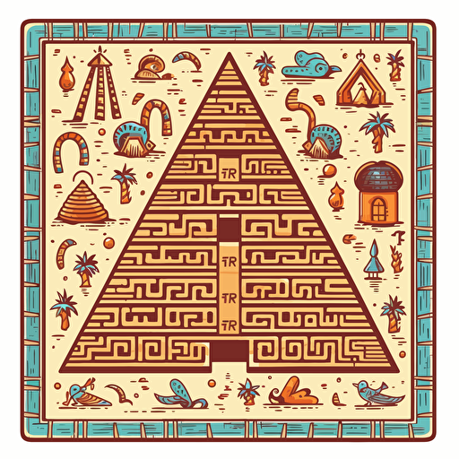 a kids maze game printed on a small aquare piece of paper featuring a pyramid and hidden treasure, illustrated in a simple vector style