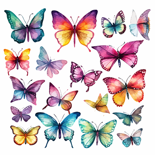 whimsical watercolor illustration of many multicolored butterflies, vector on white background