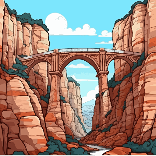draw vector cartoon style on white background a colorfull high arches bridge with more columns over a deep rock valley