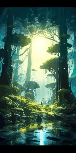 epic vista of a Louisiana bayou/swamp with a vanishing point perspective, cypress knees, Spanish moss, fish, fireflies, dragonflies, a small cottage built on stilts to protect if from flooding located deep in pine woods, crepuscular rays through dramatic cumulous clouds, rim lighting, atmospheric lighting, dramatic, breathtaking, ultra-detailed, harmonious design, glorious, exotic, beautiful::1 cell Shaded amazing anime scenery wallpaper, vector, lovely, vibrant, stylized::1.5