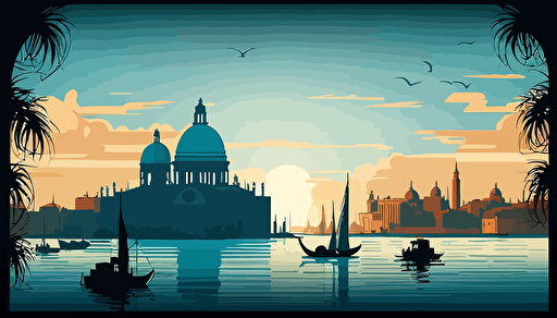 Skyline of Venecia in the sunset, wide view, inspiring image, vectorial style, 5 colours, high quality, soft blue palette