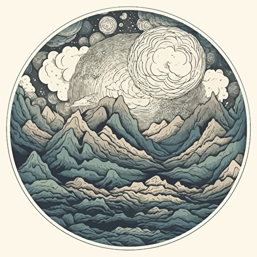 rolling mountains atmospheric clouds blowing, vector doodles illustration minimalistic sacred geometry in a circular pattern, angelic, contrast of scale