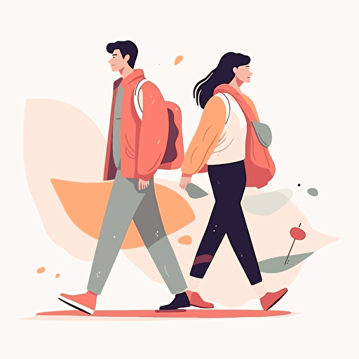 side view of a a male and female student walking. vector illustration. minimal.