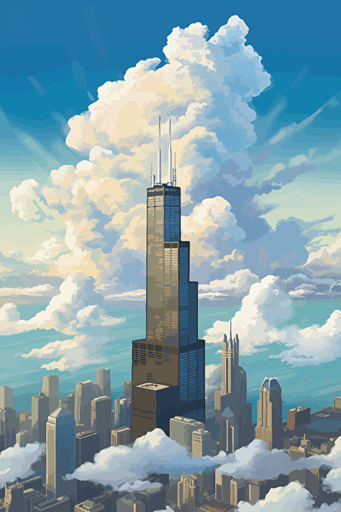 vector art, sears tower, clouds,