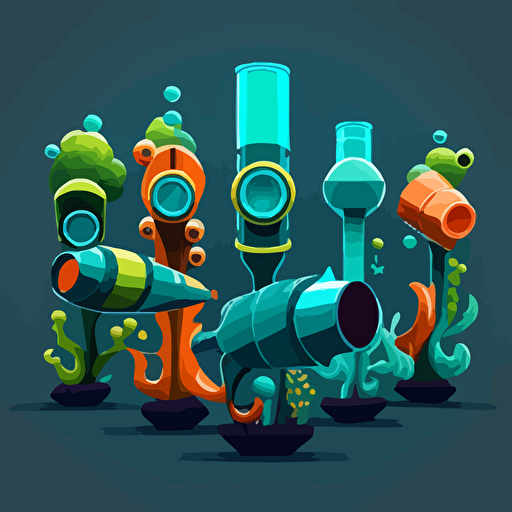 5 cartoony aquatic bazookas lined up, vector, theme is atlantic, coral, ocean, cartoony,bazooka, grenade launcher, 2D, concept art, Pet Simulator X