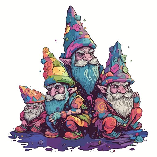 vector image of gnomes, no background, trippy, 2D, all colors