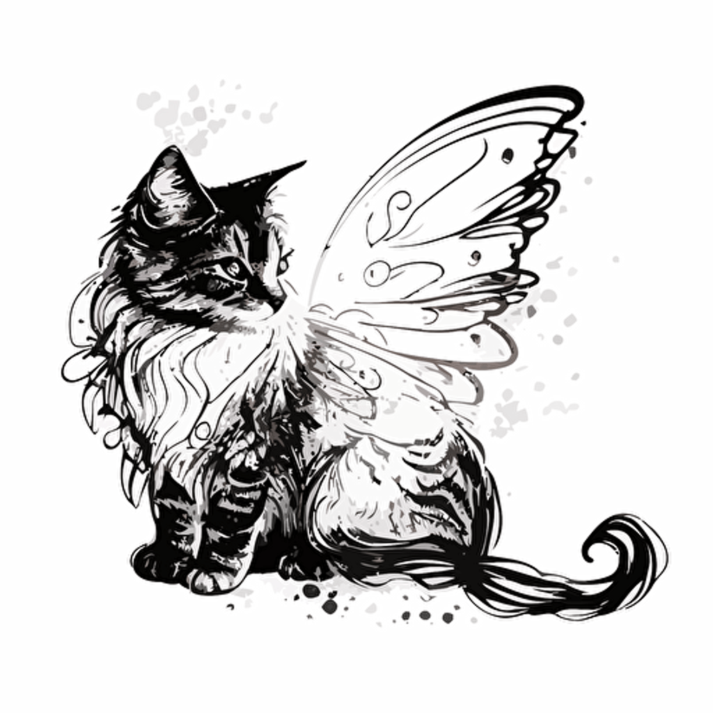 cat with fairy wings ink illustration, vector, white background