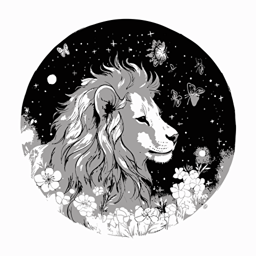 little black cartoon lion surrounded by butterflies, constellations, starry sky, Beautiful Gothic Fantasy, Watercolour cartoon, minimalistic illustration, in black and white vector, sticker
