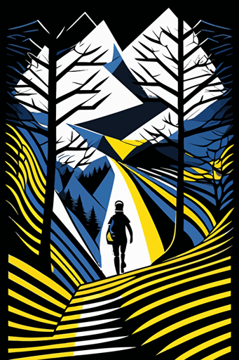 hiker trekking through the wilderness, simple geometrical shapes, blue, yellow and white colors, pop art deco illustration, hand vector art, black background,