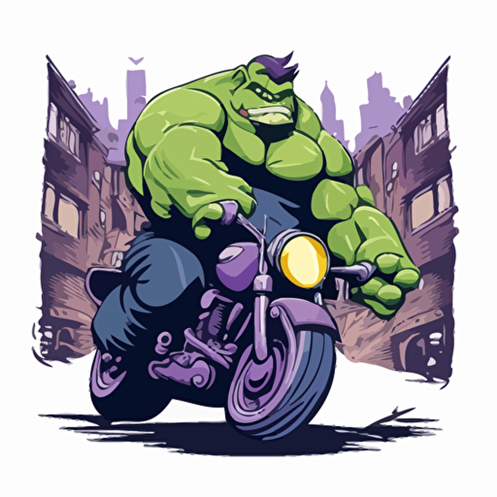 ogre riding a motorcycle through a bad part of the city, vector logo, vector art, emblem, simple cartoon, 2d, no text, white background