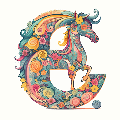 The letter "e" made from cheerful logo, with unicorn, vector style, cartoon, mandalacolor,white background,2d