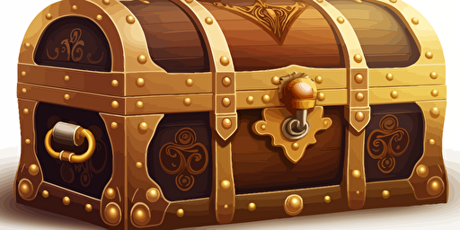 closed hidden treasure chest in brown, with golden lining, hidden in the streets of a big city, vector art