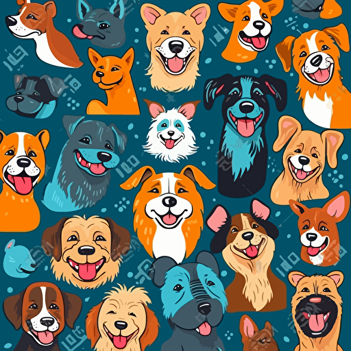happy dog breeds, pattern, vector, vibrant colors, colored background