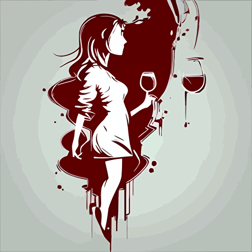 Gutsy, Hanging Outgirl, Brash, Comfort, wine red color, gray background, simple design, vector style, white outline over silhouette