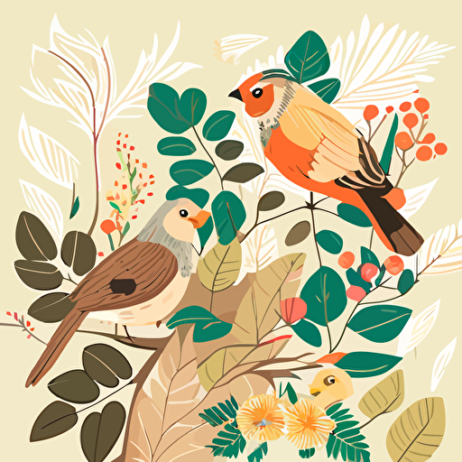 pdf vector drawing of cute birds with botanicals in background