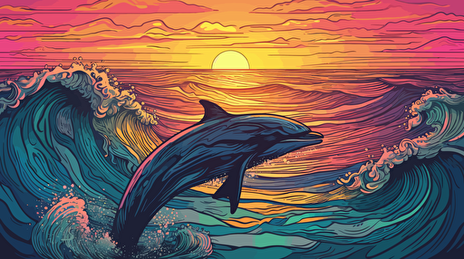 a dolphin jumping out from the sea, sunset,vibrant colors,vector ink art,detailed
