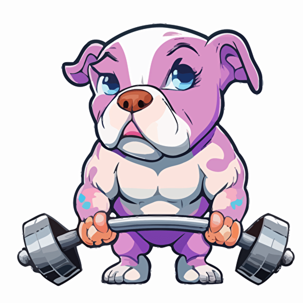 vector happy pitbull puppy tired from lifting weights+ sticker+ white background + vibrant pink and purple+ cartoon