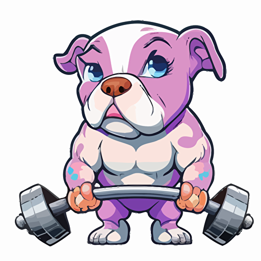vector happy pitbull puppy tired from lifting weights+ sticker+ white background + vibrant pink and purple+ cartoon