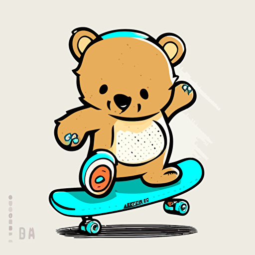 teddy bear riding a skate board, vector, illustration, full color, hd, cartoon, contour, white background, simple illustration
