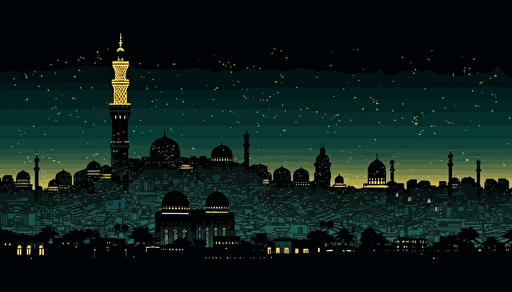 mosque with kaaba silhouette, with islamic holiday images, islamic symbol vector of hajj, in the style of dark green and yellow, minimalist backgrounds, uhd image, daan roosegaarde, dark sky-blue and dark brown Pixar style