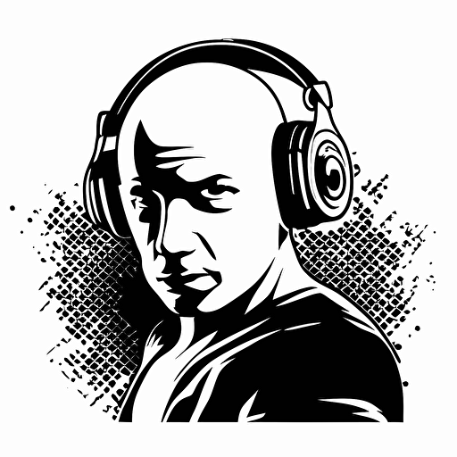 illustration of a pig for a dj logo, Paul Renner style, white background, black and white, vector style, the focus is in the face of the pig, using a headphones in his ears, informal teen style