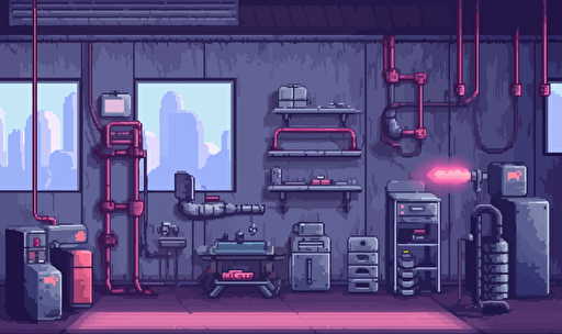 2d pixel art room with abandoned laboratory equipment, tanks, pipes, monitors, bright foggy pixel art vibe, separate 2d components placed around room, flat vector style,