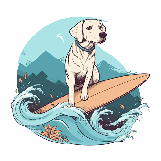 cute labrador riding a malibu surfboard on a wave, design, tropical, 2d, vector, white background