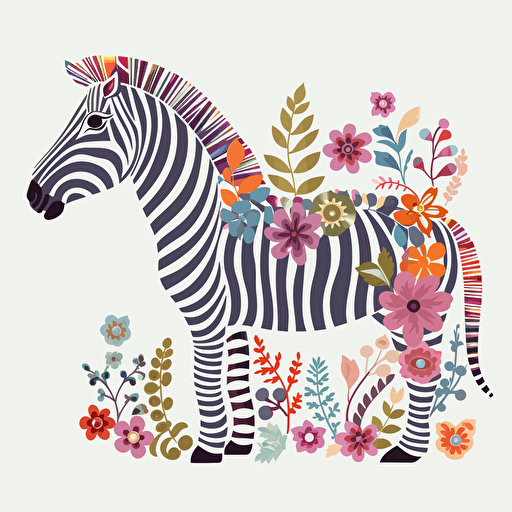 zebra, floral, cartoon style, 2d clipart vector, creative and imaginative, hd, white background