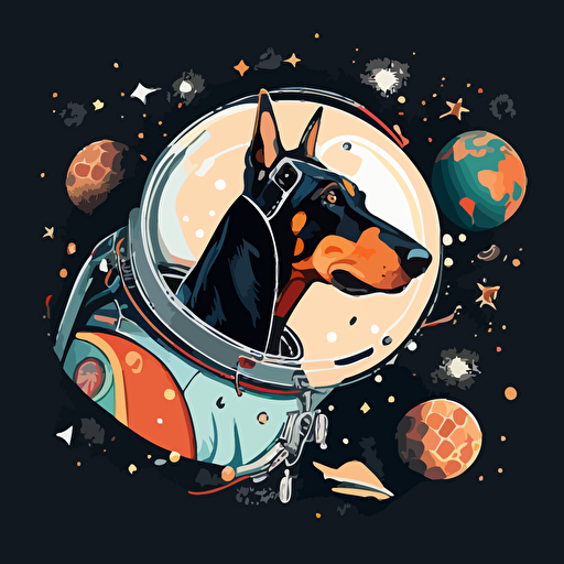 Vector illustration of doberman in spacesuits, the dog wearing a transparent sphere on his head, a dog in a spacesuit is also floating near spaceship , The background includes stars and spacecraft in space,This design conveys the mysterious and fascinating world of outer space while also incorporating the cuteness of a dog, resulting in a unique and captivating design, no flame,