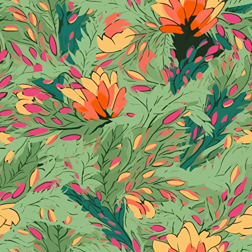 green leaves and pink flowers in the summer; vector seamless background, in the style of deep green and orange pink exaggeration, flowerpunk,