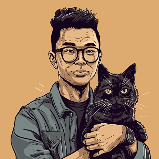 vector art style, 28 year old asian black designer, holding a cat, in the style of Michael Parks