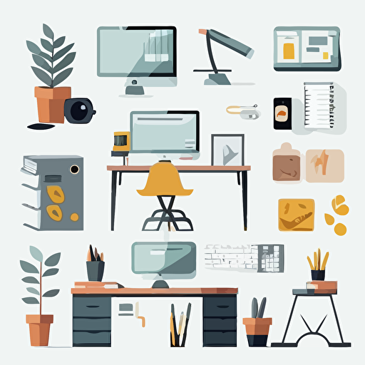 Vector art pack of workspace desks, modern, flat, vector art pack, organized, white background.