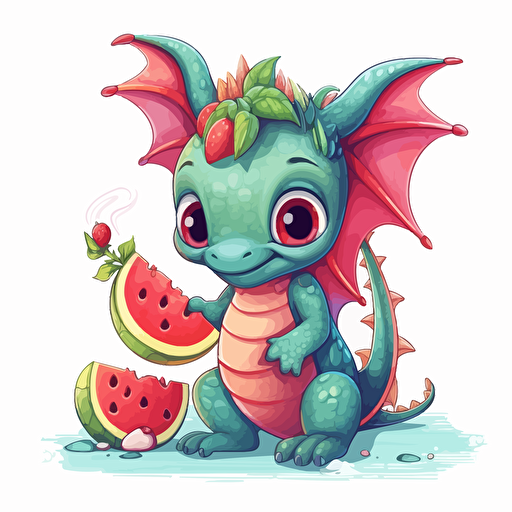 little dragon with a watermelon, cartoon, vector style