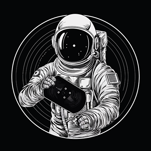 an astronaut holding a vinyl, 2d vector on black background