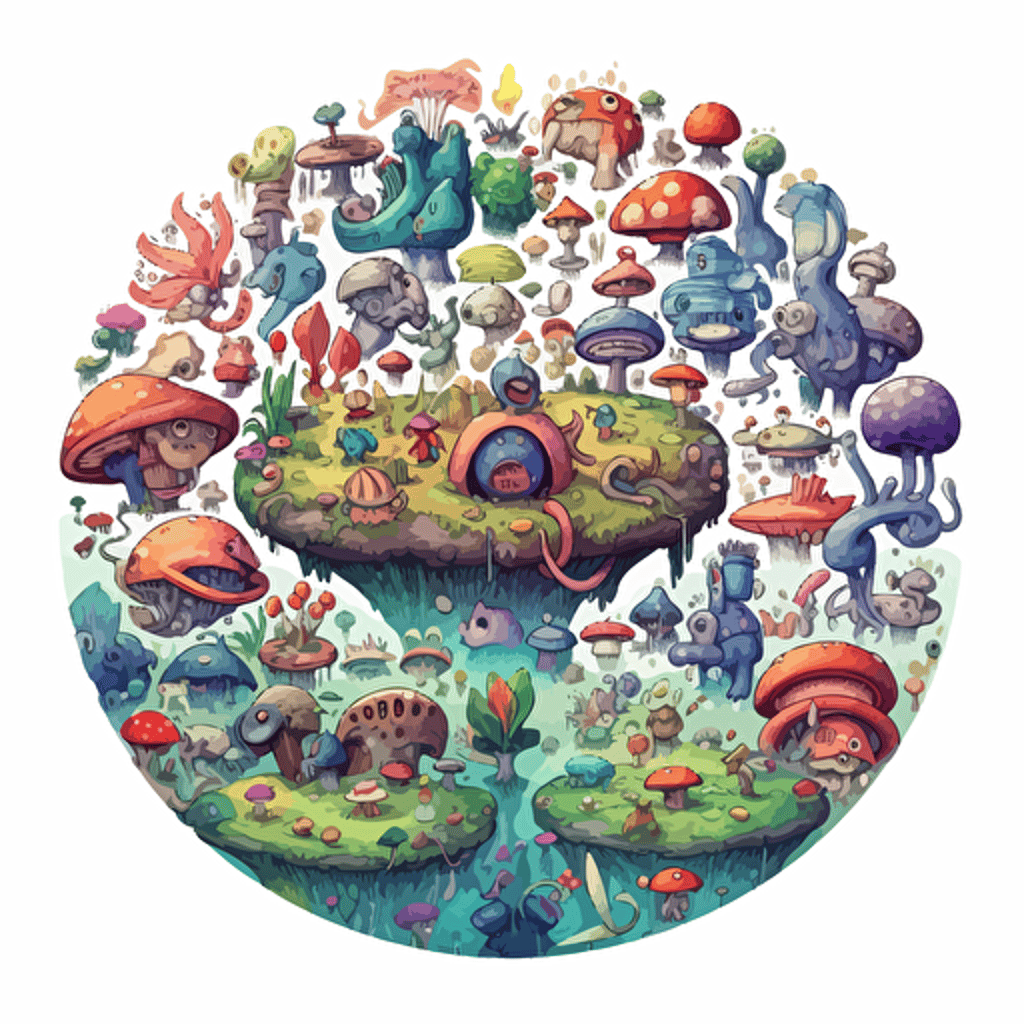 round up design with digital illustration of tiny creatures, world inspired by Studio Ghibli, vector illustration, intricate details, unreal engine, extremely high detailing, sharp, white background