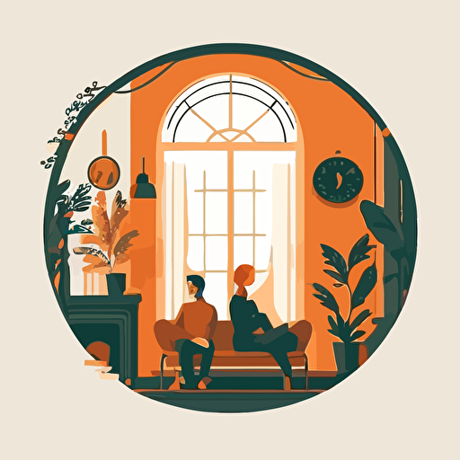 minimalist vector illustration art flat design. A couple is sitting together on the couch in a cozy mezzanine, antique mirror on the wall.