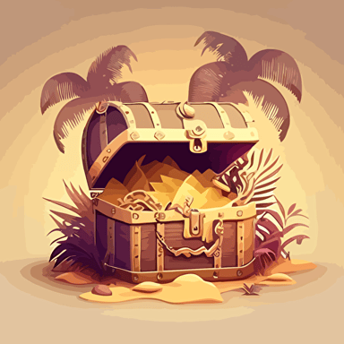 hidden treasure chest in the outdoors, colors of light brown, gold and beige. Vector art
