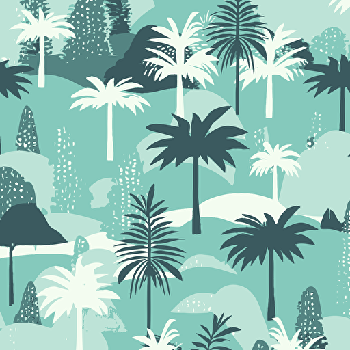 Leaves, trees, palmtree, mountains, and everything representing nature in minimalistic style pattern, fabric print in vibrant christmas themed colors vector pattern light mint color background