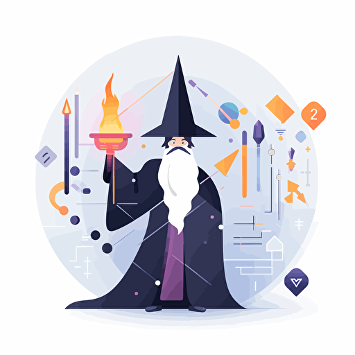 Power BI Wizard logo illustration, holding a magic wand, surrounded by diagrams and dashboards, flat design, modern, professional, white background, Adobe Illustrator, vector format, RGB color mode