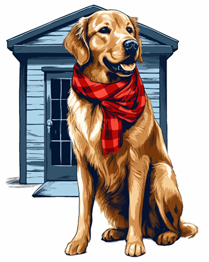 paint a golden retriever standing on its hind legs leaning against the wall inside of a nice house, wearing a bandana, vector art style, white background
