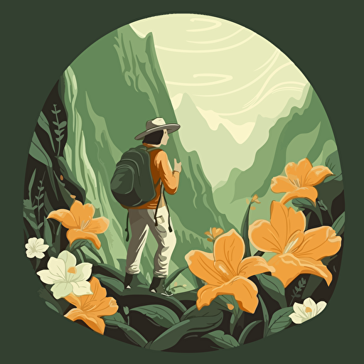 In a mountain valley, an explorer faces the abyss with determination. Honeysuckles bloom, symbolizing nature's courage and resilience. Vector illustration