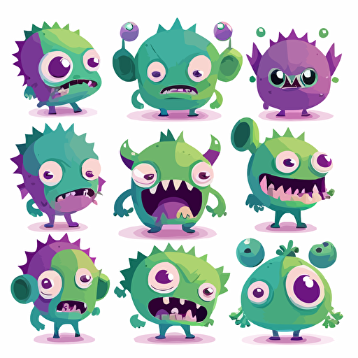 Cute green and purple monster, vector style, multiple poses and expressions, white background