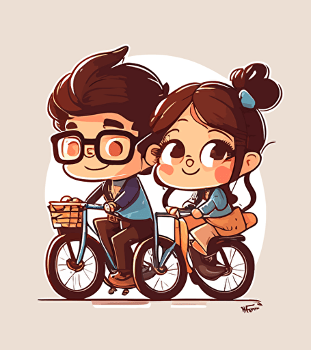 cute chibi couple riding bicycle, illustration pencil style, animation illustration style, minimalistic compositions, white background, cartoon illustration, looking happy and smile, male riding bicyle wearing glasses, female sits behind the bicycle holding not wearing glasses, Natalia Skripko vector illustration style,