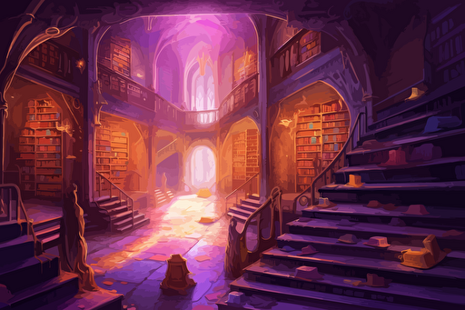 Large underground fantasy library by Paul Gustaf Dore. Bookshelves, piles of books, scrolls, golden & white decor, marble floor, purple and gold carpets, purple glowing braziers, mystical, biblical copperplate art, retro 90s box art, vector style, inking, 1700th century copperplate art, pixel art, high detail, less warm colors