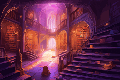 Large underground fantasy library by Paul Gustaf Dore. Bookshelves, piles of books, scrolls, golden & white decor, marble floor, purple and gold carpets, purple glowing braziers, mystical, biblical copperplate art, retro 90s box art, vector style, inking, 1700th century copperplate art, pixel art, high detail, less warm colors