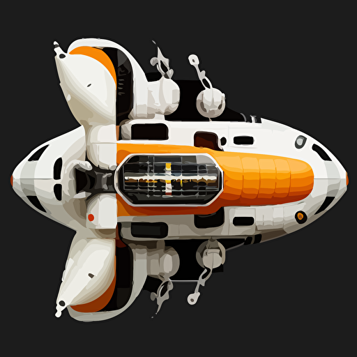 orange and white space ship on black background, top-down view, clean, simple, no shadows, vector