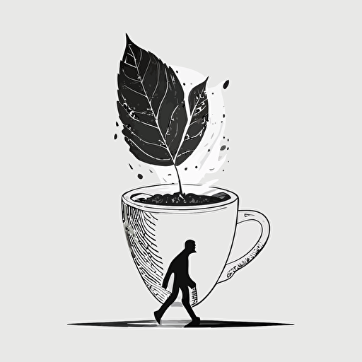 an illustration of a cup of tea with legs , 1 leaf in his hand. black and white. outline, vector, imprefeect stroke. modern, cool, creative