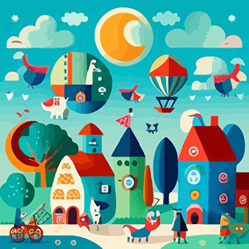 Based on Marc Chagall's dreamy compositions, design a vector illustration of a whimsical village fair where people and animals float in the air, enjoying various activities. Set the scene on a clear afternoon with a blue sky.