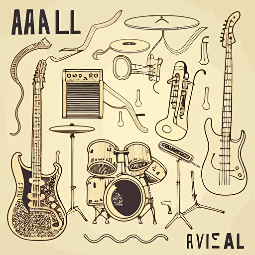 a vector pack of outlined musical instruments including electric guitar, saxophone, drums