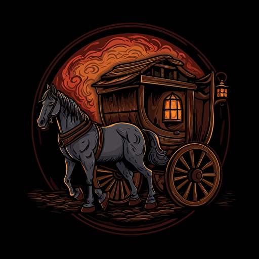 D&D wagon and horse token, vector, black background